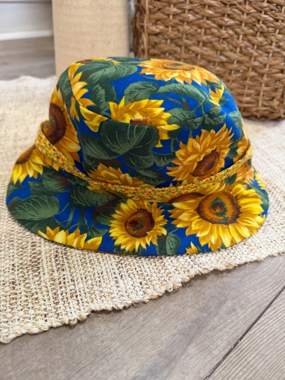 Vintage 90s Baby Toddler Girl Hat Sunflower Print Bucket Hat ADORABLE